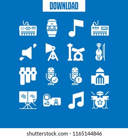 16 concert vector icon set with mute, violin, musical note and drum icons for mobile and web