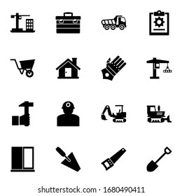 16 construction filled icons set isolated on white background. Icons set with Construction, toolbox, Tipper, wheelbarrow, house, gauntlet gloves, Handicraft, worker, project icons.