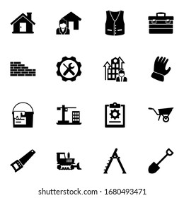 16 mit dem Aufbau gefüllte Symbole einzeln auf weißem Hintergrund. Die mit dem Haus eingerichteten Icons, Immobilienservice, Westen, Ziegelarbeiten, Reparaturservice, Business Company, Lackeisen Icons.