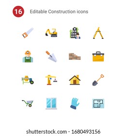 16 construction flat icons set isolated on . Icons set with Hand saw, excavator, Business Company, worker, trowel, brickwork, concrete mixer, tower crane, house, Wheelbarrow icons.