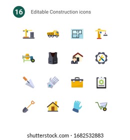 16 construction flat icons set isolated on . Icons set with Construction, Tipper, Property plan, concrete mixer, vest, Real estate service, trowel, jousting gloves, toolbox icons.