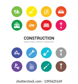 16 construction vector icons set included screw, screwdriver, screwdrivers, screws, sledge hammer, spade tool, spanner, steamroller, stopping, tiles, tipper icons