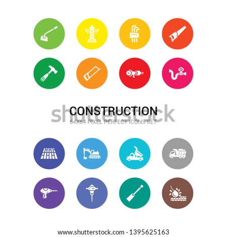 16 construction vector icons set included demolition, digging bar, drill, driller, dump truck, dumper, excavator, floor, gas pipe, grinder, hacksaw icons