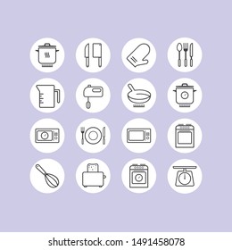 16 cooking icon set. line art. Kitchenware collection. vector symbols. isolated