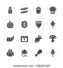 16 Corn, Bread, Umbrella, Owl, Mushroom, Leaf, Apple, Cornucopia, Acorn Modern Icons On Round Shapes, Vector Illustration, Eps10, Trendy Icon Set.