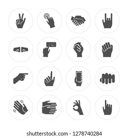 16 Counting, Tap, Clapping, Waving hand, Fist, Pointing, Click modern icons on round shapes, vector illustration, eps10, trendy icon set.
