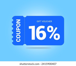 16% coupon promotion sale. Sixteen percent Vector Gift Voucher. Blue discount, lucky ticket, special offer promo. Web, shopping label, percent sign. Special price offers.