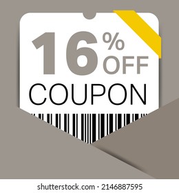 16% Coupon promotion sale for a website, internet ads, social media gift 16% off discount voucher. Big sale and super sale coupon discount. Price Tag Mega Coupon discount with vector illustration.