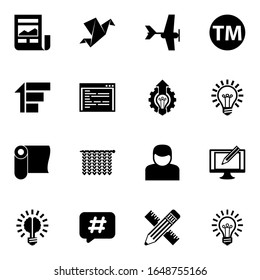 16 creative filled icons set isolated on white background. Icons set with News Feed, Origami, Aeromodeling, Priority, coding, Innovation business, textile, Knitting, Trademark icons.