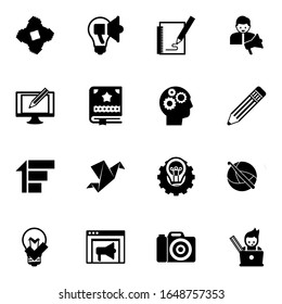 16 kreative Symbole einzeln auf weißem Hintergrund. Mit dem Start-up-Team eingerichtete Symbole, Kreative Kampagne, Sketching, Digitale Illustration, Scrapbooking, kognitive Wissenschaftssymbole.