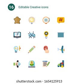16 creative flat icons set isolated on . Icons set with leather, Idea, embroidery, Copywriting, Asynchronous Learning, innovation, Creative campaign, Pencil, Click Through Rate icons.