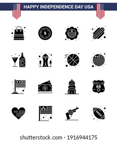 16 Creative USA Icons Modern Independence Signs and 4th July Symbols of bottle; wine; flag; drink; hotdog Editable USA Day Vector Design Elements
