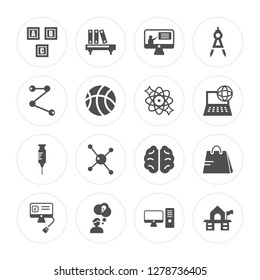 16 Creche, Bookshelf with books, Having an idea, Online test, Shopping cart, Old School, Molecular bond modern icons on round shapes, vector illustration, eps10, trendy icon set.