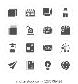 16 Cube, Calendar, Dictionary, Paper plane, Autumn, Brain, Book, Exam, School modern icons on round shapes, vector illustration, eps10, trendy icon set.
