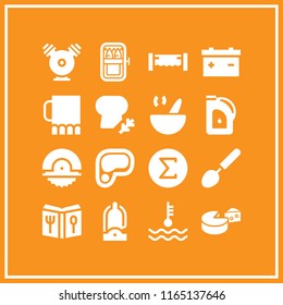 16 cuisine vector icon set with tools and utensils, ladle, steak and recipe icons for mobile and web