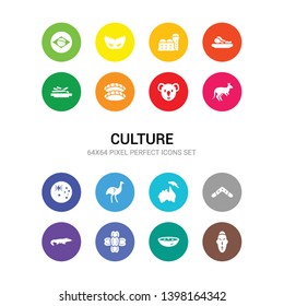 16 culture vector icons set included african mask, ajoblanco, ajotomate, australian alligator, australian boomerang, australian continent, emu, flag, kangaroo, koala, wontons icons