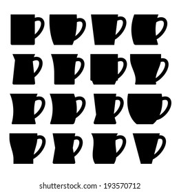 16 cups silhouettes of different forms. set of vector icons