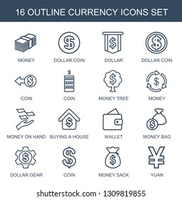 16 currency icons. Trendy currency icons white background. Included outline icons such as money, dollar coin, dollar, coin, Coin, money tree. currency icon for web and mobile.