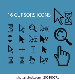 16 cursors, hand, arrow, select, hold icons, signs, symbols set, vector