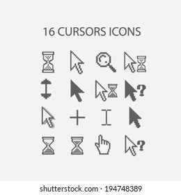 16 cursors, hand, search, select, question, information icons set, vector