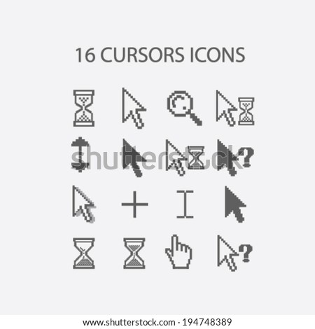 16 cursors, hand, search, select, question, information icons set, vector