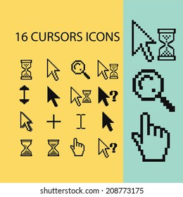 16 cursors, hand, select, modify icons, signs set, vector