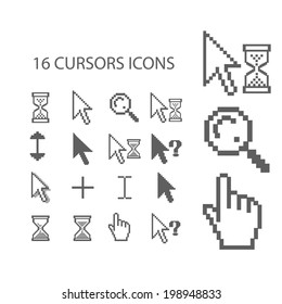 16 cursors, mouse, hand, arrow, click icons, signs set, vector