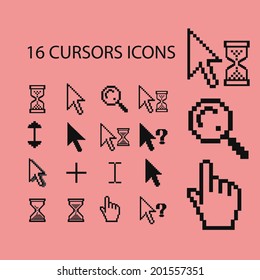 16 cursors, mouse, pointer, hand, edit, arrow, select icons, signs set, vector