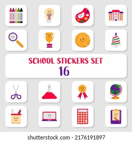 16 Cute School Sticker Set in flachem Stil.