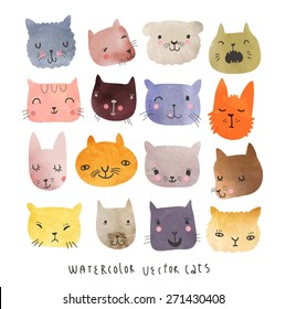 16 Cute watercolor cats in vector