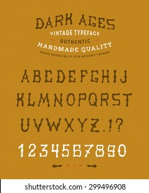 16 Dark Ages Hand crafted retro vintage typeface design. Original handmade textured lettering type alphabet on yellow background. Authentic handwritten font, vector letters.