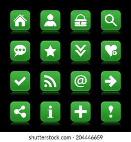 16 dark green satin icon with white basic sign on rounded square web button with color reflection on black background. This vector illustration internet design element save in 8 eps