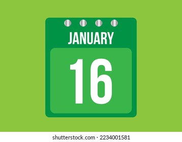 16 day january calendar vector. Calendar page icon for the month of january with metallic pin. Calendar on green background.