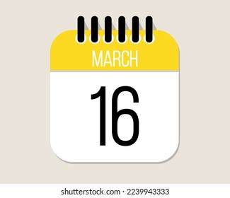 16 day March calendar vector. March month calendar page icon in yellow.