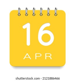 16 day of the month. April. Cute yellow calendar daily icon. Date day week Sunday, Monday, Tuesday, Wednesday, Thursday, Friday, Saturday. Cut paper. White background. Vector illustration.