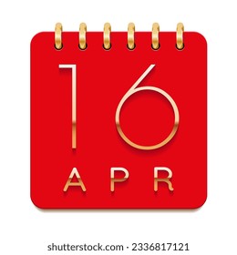 16 day of the month. April. Luxury calendar daily icon. Date day week Sunday, Monday, Tuesday, Wednesday, Thursday, Friday, Saturday. Gold text. Red paper. Vector illustration.