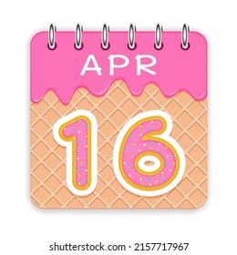 16 day of the month. April. Waffle cone calendar with melted ice cream. 3d daily icon. Date. Week Sunday, Monday, Tuesday, Wednesday, Thursday, Friday, Saturday. White background. Vector illustration.