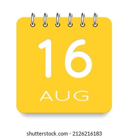 16 day of the month. August. Cute yellow calendar daily icon. Date day week Sunday, Monday, Tuesday, Wednesday, Thursday, Friday, Saturday. Cut paper. White background. Vector illustration.