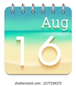 16 day of the month. August. Marine view  calendar daily icon. Date day week Sunday, Monday, Tuesday, Wednesday, Thursday, Friday, Saturday. White text. Sea background. Vector illustration. Sea coast.