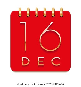 16 day of the month. December. Luxury calendar daily icon. Date day week Sunday, Monday, Tuesday, Wednesday, Thursday, Friday, Saturday. Gold text. Red paper. Vector illustration.
