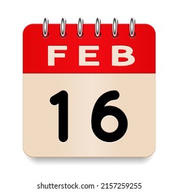 16 day of the month. February. Flip old formal calendar. 3d daily icon. Date. Week Sunday, Monday, Tuesday, Wednesday, Thursday, Friday, Saturday. Cut paper. White background. Vector illustration.