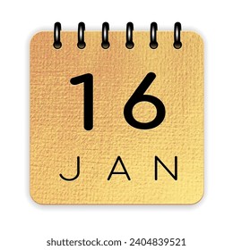 16 day of the month. January. Luxury gold calendar daily icon. Date day week Sunday, Monday, Tuesday, Wednesday, Thursday, Friday, Saturday.