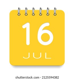 16 day of the month. July. Cute yellow calendar daily icon. Date day week Sunday, Monday, Tuesday, Wednesday, Thursday, Friday, Saturday. Cut paper. White background. Vector illustration.