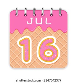 16 day of the month. July. Waffle cone calendar with melted ice cream. 3d daily icon. Date. Week Sunday, Monday, Tuesday, Wednesday, Thursday, Friday, Saturday. White background. Vector illustration.