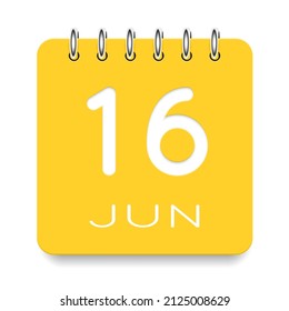 16 day of the month. June. Cute yellow calendar daily icon. Date day week Sunday, Monday, Tuesday, Wednesday, Thursday, Friday, Saturday. Cut paper. White background. Vector illustration.