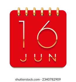 16 day of the month. June. Luxury calendar daily icon. Date day week Sunday, Monday, Tuesday, Wednesday, Thursday, Friday, Saturday. Gold text. Red paper. Vector illustration