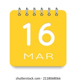 16 días del mes. 16 de marzo. Icono de calendario amarillo lindo diario. Fecha día semana domingo, lunes, martes, miércoles, jueves, viernes, sábado. Corta papel. Fondo blanco. Ilustración vectorial.