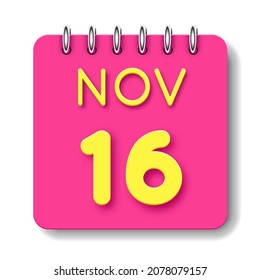 16 day of the month. 16 November. Cute calendar daily icon. Date day week Sunday, Monday, Tuesday, Wednesday, Thursday, Friday, Saturday.