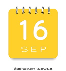 16 day of the month. September. Cute yellow calendar daily icon. Date day week Sunday, Monday, Tuesday, Wednesday, Thursday, Friday, Saturday. Cut paper. White background. Vector illustration.