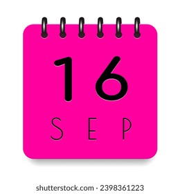 16 day of the month. September. Pink calendar daily icon. Black letters. Date day week Sunday, Monday, Tuesday, Wednesday, Thursday, Friday, Saturday. Cut paper. White background. Vector illustration.